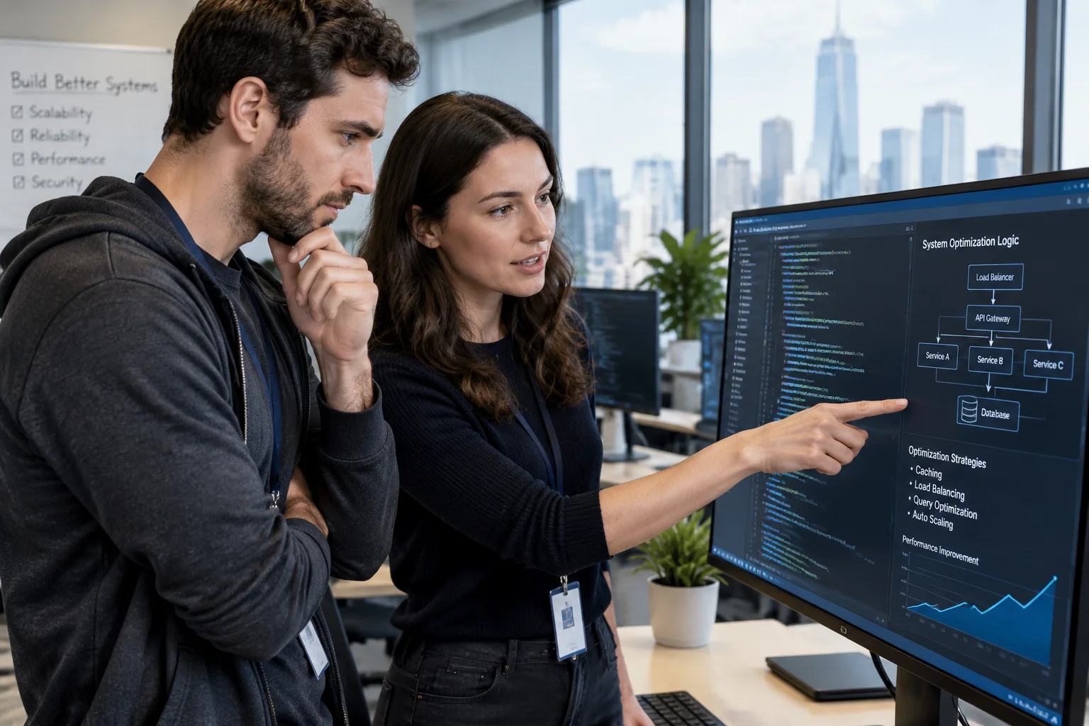 Software engineers reviewing optimization algorithms