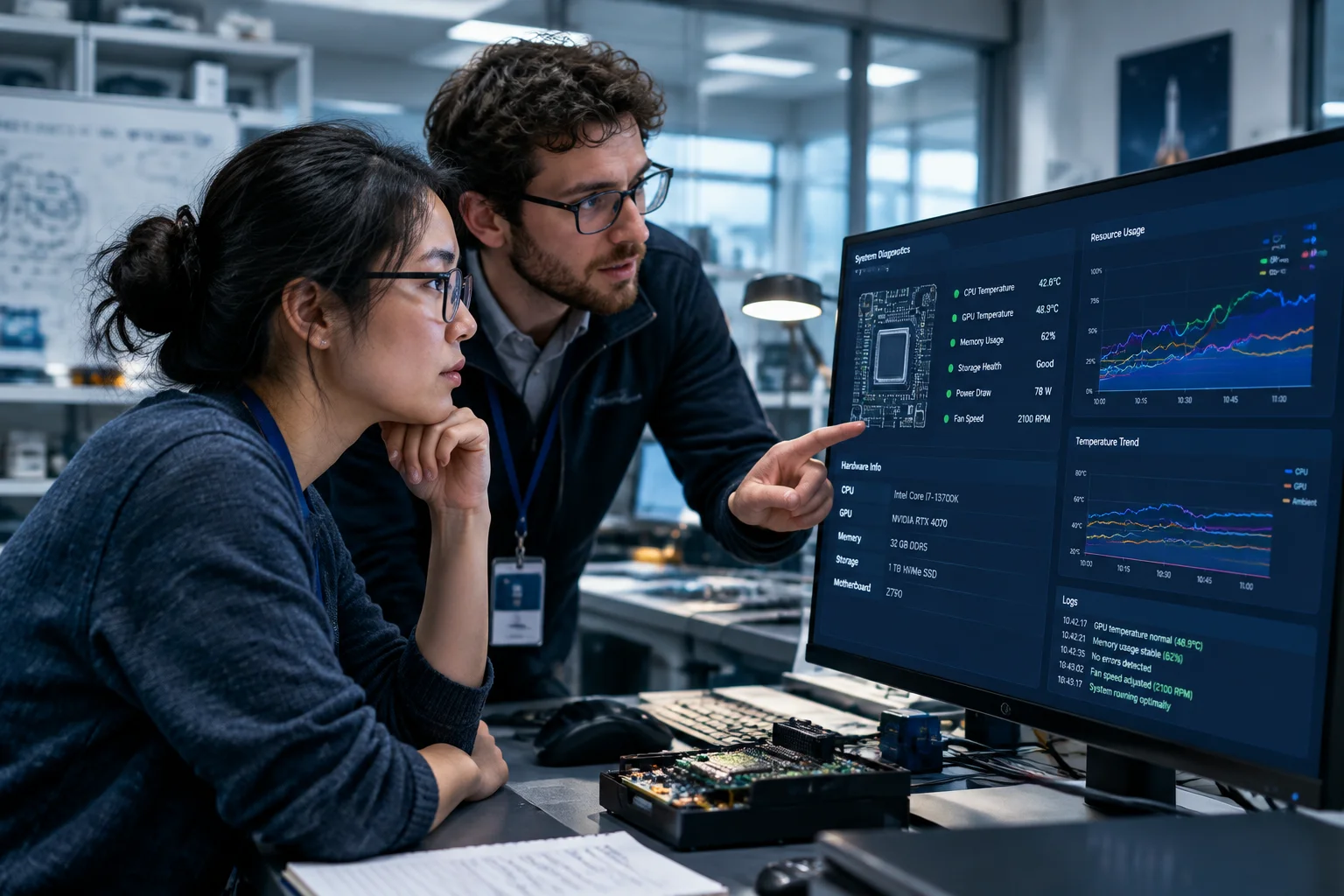 Engineers reviewing software telemetry diagnostics in lab